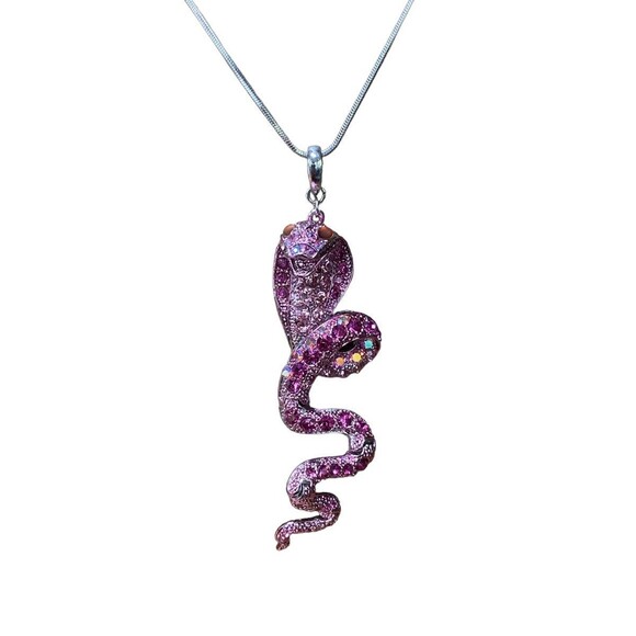 VTG Janus Pink Snake Pendant 3" Movable Bling Y2K Rhinestone Cobra Necklace - Picture 2 of 11